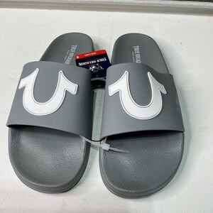 True Religion Men\'s Grey Logo Slides Size 8 Comfortable Casual Sandals True Religion Sandals Womens Elle Clear Gold Emblem Logo  main image 4