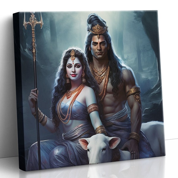 Canva Shiva Parvati Shakti - Hindu Gods - Bhakti Devotion painting - Divine Healing - Spiritual Sacred Art - energy home wall decor