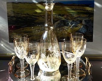 Josefine Hutte Fritz Heckert Edelweiss Iriserend goud antiek glas wijnlikeurset karaf + 6 glazen