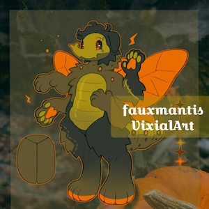 May include: Illustration of a cartoon character with a mantis-like body, featuring a yellow and brown color scheme. The character has orange wings and paws, with the text "fauxmantis VixialArt" in a yellow box. A pumpkin is in the background.