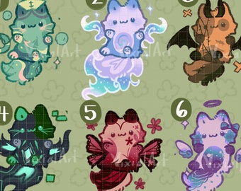 Puede incluir: Una colección de seis ilustraciones de gatos caprichosos, cada uno con diseños únicos. Los gatos presentan varios temas, incluyendo un marinero, un fantasma, un diablo, un diseño futurista, un hada y un ángel. La obra de arte está sobre un fondo verde con un patrón de cuadrícula.