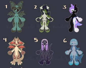 Puede incluir: Nueve diseños únicos de criaturas de dibujos animados en varios colores, numerados del 1 al 9, sobre un fondo de cuadrícula azul oscuro. Cada criatura tiene una apariencia distinta, con características como alas, cuernos y aletas. El nombre del artista, zin0o VixialArt, está en la parte inferior.