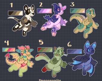 May include: Digital art print showcasing six cartoon creatures, each with a unique colour palette. The creatures are numbered and labelled "Dracononite" with the artist's name, VixialArt, at the bottom. The background is a dark grid.