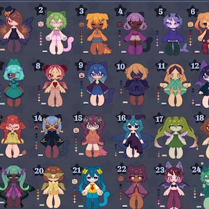 May include: A digital art sheet featuring twenty-four numbered chibi-style character illustrations with various hair colours, outfits, and fantasy features like wings, tails, and horns. The text "kichibun VixialArt" is printed at the bottom centre.