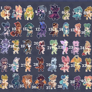 May include: A collection of 40 colorful cartoon creature illustrations, each with unique designs and numbered from 1 to 40. The artwork features a variety of colors and styles, with the artist's name, VixialArt, and Sun_kaku at the bottom.