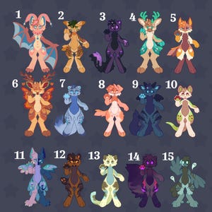 May include: A digital art print featuring fifteen anthropomorphic animal characters with various colors and designs. Each character has unique features, including wings, antlers, and different fur patterns. The artist's name, "PartTimePuppy VixialArt," is at the bottom.