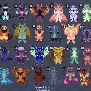 Op de afbeelding: Een digitaal kunstblad met vierentwintig unieke antropomorfe wezenillustraties gerangschikt in een raster, elk genummerd van 1 tot 24. De personages tonen diverse kleuren, vleugels en patronen. De tekst Grackletea VixialArt staat onderaan.