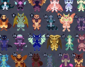 May include: A digital art sheet featuring twenty-four unique anthropomorphic creature illustrations arranged in a grid, each numbered from 1 to 24. The characters display diverse colors, wings, and patterns. The text Grackletea VixialArt is at the bottom.