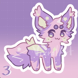 May include: A cartoon illustration of a purple and pink creature with a fluffy tail and three eyes. The creature has a starry pattern and is standing on a pink background.