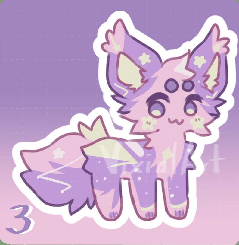 May include: A cartoon illustration of a purple and pink creature with a fluffy tail and three eyes. The creature has a starry pattern and is standing on a pink background.