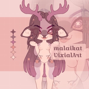 May include: A digital illustration of a deer-like character with long, dark hair and large, pink antlers. The character has a light complexion, pink eyes, and is adorned with floral accents. The text "malaikat VixialArt" is visible.