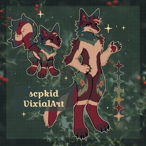 May include: Digital artwork of two anthropomorphic foxes with festive designs. The foxes have brown, cream, and burgundy fur with green accents and floral patterns. The artwork includes the text "scpkid VixialArt" against a green background.
