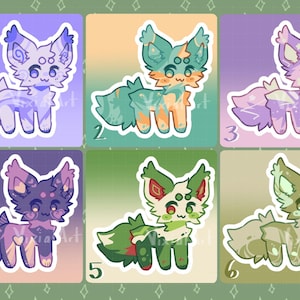 May include: Six digital illustrations of cute, cartoon-style foxes with different colored fur and markings. Each fox is standing on all fours with its tail curled behind it. The foxes are in a grid format with numbers 1 through 6 below each fox.