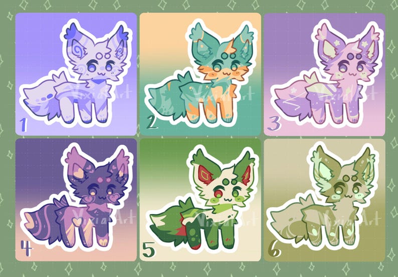 May include: Six digital illustrations of cute, cartoon-style foxes with different colored fur and markings. Each fox is standing on all fours with its tail curled behind it. The foxes are in a grid format with numbers 1 through 6 below each fox.