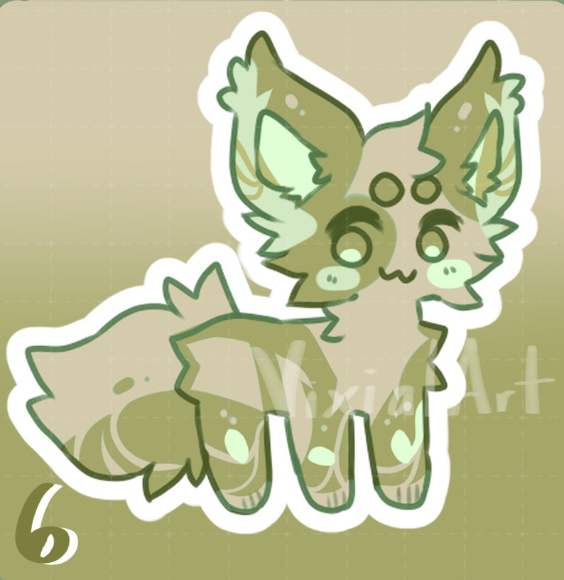 May include: A cartoon illustration of a light brown and green creature with large ears and big eyes. The creature has a white outline and is set against a green background.