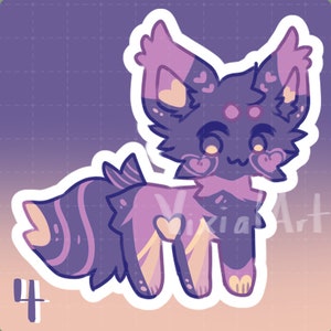 May include: A purple and pink cartoon animal with a long tail and large eyes. The animal has a heart on its chest and is standing on a pink and purple background.