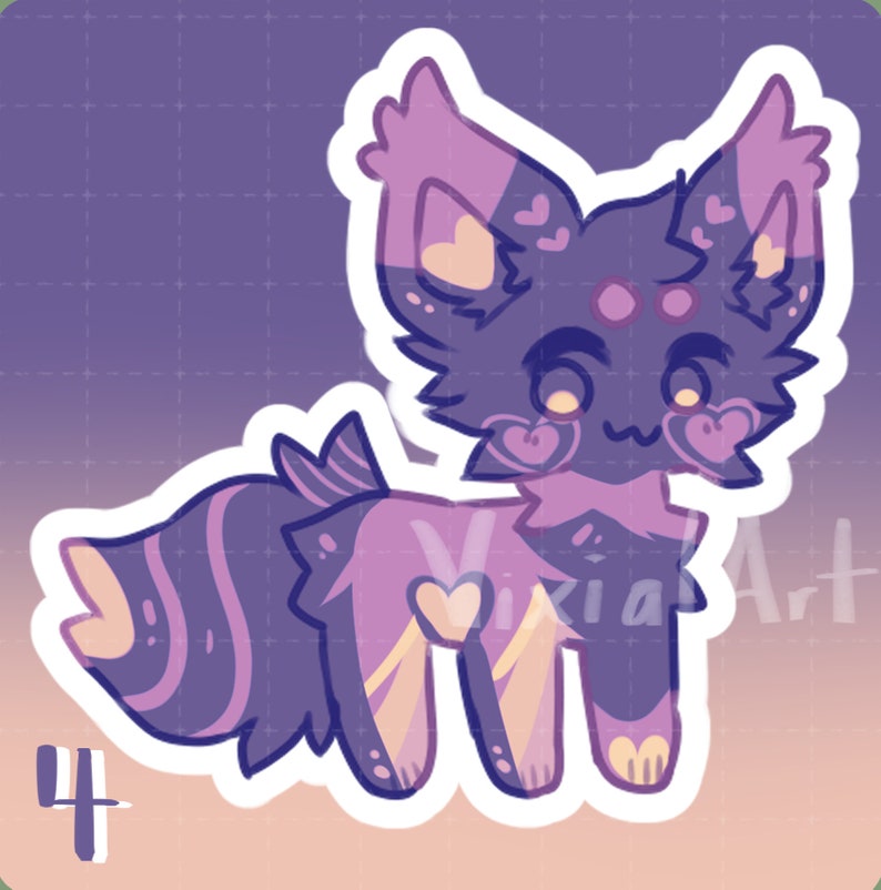 May include: A purple and pink cartoon animal with a long tail and large eyes. The animal has a heart on its chest and is standing on a pink and purple background.