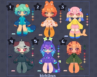 Puede incluir: Ilustración digital de seis personajes chibi coloridos con diseños inspirados en animales. Cada personaje tiene atuendos y accesorios únicos, sobre un fondo azul oscuro con acentos de estrellas. El nombre del artista, "kichibun VixialArt", está en la parte inferior.