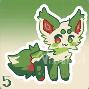 May include: A cartoon illustration of a green and white fox with red accents. The fox has three eyes and a big smile. The fox is standing on all fours and has a fluffy tail.