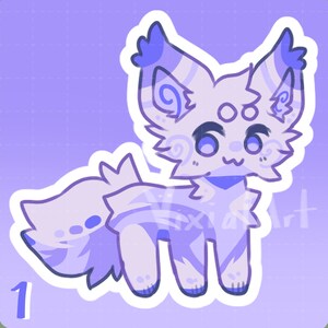 May include: A purple and blue cartoon fox with a white swirl pattern. The fox has large eyes and a small mouth. The fox is standing on a purple background.