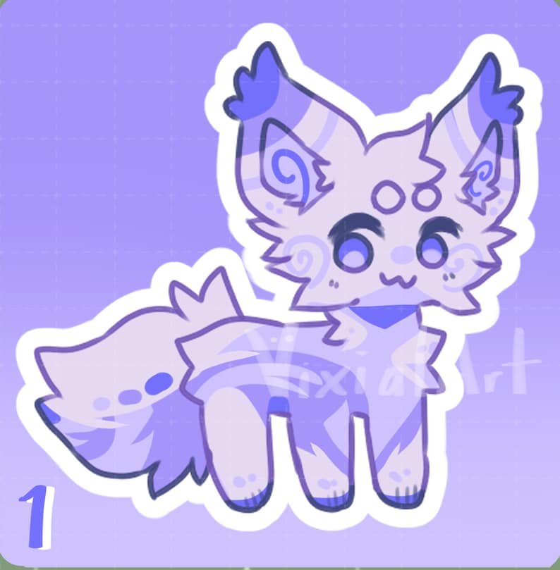 May include: A purple and blue cartoon fox with a white swirl pattern. The fox has large eyes and a small mouth. The fox is standing on a purple background.