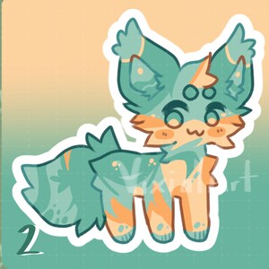 May include: A cartoon illustration of a teal and orange fox with a white outline. The fox has large eyes and a friendly expression. The background is a gradient of light orange and teal.