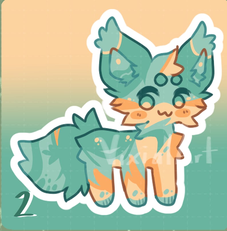 May include: A cartoon illustration of a teal and orange fox with a white outline. The fox has large eyes and a friendly expression. The background is a gradient of light orange and teal.