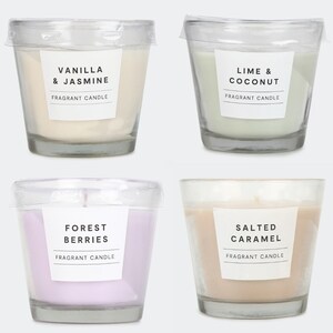 Scented Fragrant Candles in Glass with Vanilla, Jasmine, Forest Berries, Lime and Coconut