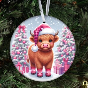 Cute Highland Cow Ornament Sublimation PNG, Cute Pink Christmas Highland Cow, Instant Digital Download, Christmas Ornament Png