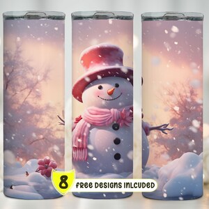 Cute Pink Snowman 20 oz Tumbler Wrap - 20 oz Tumbler Sublimation Design - Christmas Tumbler Wrap