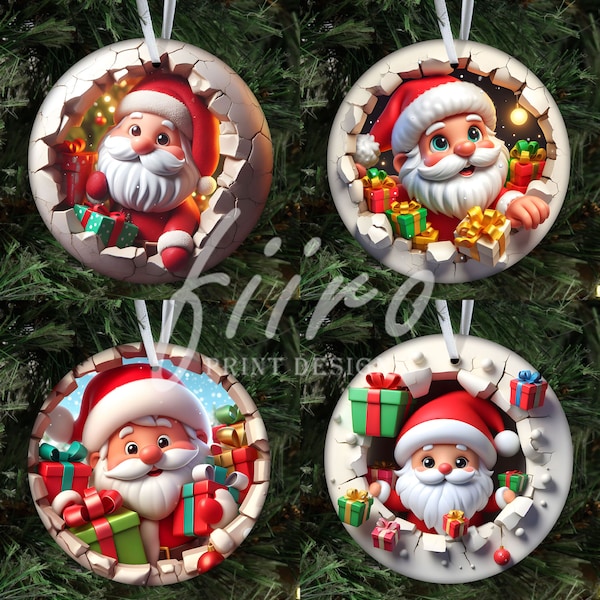 3D Christmas Break Through Ornament Sublimation PNG Bundle, Instant Digital Download, Round Ornament PNG, Christmas Santa Claus Ornament