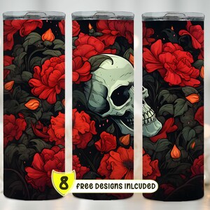 Skull and Flowers Tumbler Wrap | Skull and Roses PNG for 20 oz Skinny Tumbler | PNG Sublimation Design | Digital Download PNG