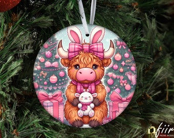 Christmas Highland Cow Ornament PNG: Sublimation Design (Digital Download)