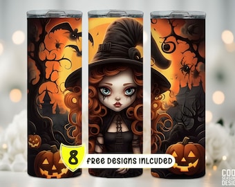 Cute Witch Tumbler Wrap, Spooky Season Halloween 20 oz Skinny Tumbler Sublimation Design, Straight & Tapered PNG Instant DIGITAL ONLY