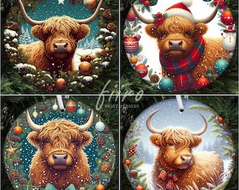 Christmas Highland Cow Ornament PNG BUNDLE, Cute Ornament Sublimation Designs, Instant Digital Download, Christmas Round Ornament PNG
