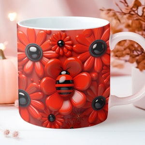 3D Ladybug Mug Wrap, 11oz And 15oz Mug Wrap Sublimation Design, Instant Digital Download Mug PNG, Mug Wrap Template PNG