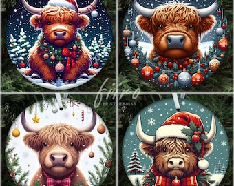 Highland Cow Christmas Ornaments PNG Bundle: Sublimation Designs (Digital Download)