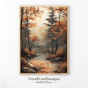 Vintage Moody Fall Forest Landscape, Nature Trees Oil Painting PRINTABLE, Autumn Forest Print Landscape Oil Painting, Digital Download