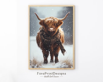 Impressão de vaca das Terras Altas de inverno: arte de parede de fazenda com neve (download digital)