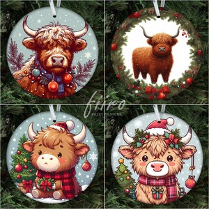 Highland Cow Ornaments PNG BUNDLE, Xmas Ornaments Sublimation Designs, Instant Digital Download, Christmas Round Ornament PNG