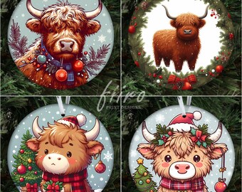 Highland Cow Christmas Ornaments: Sublimation PNG Bundle (Digital Download)
