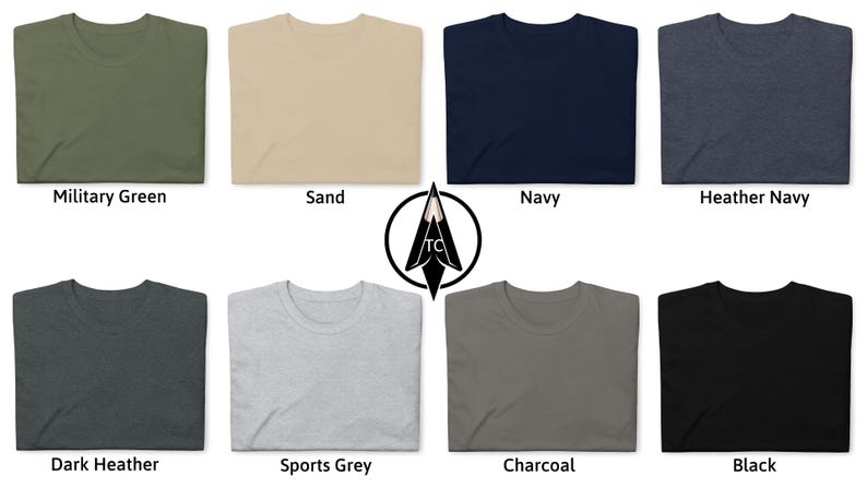 May include: A set of ten folded t-shirts in various colors, including military green, sand, navy, heather navy, dark heather, sports grey, charcoal, and black.