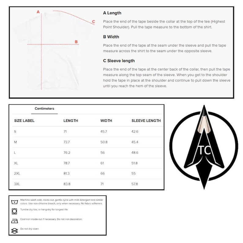 May include: A size chart for a t-shirt with measurements in centimeters for length, width, and sleeve length. The chart includes sizes S, M, L, XL, 2XL, and 3XL.