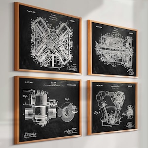 May include: A set of four framed wall art prints featuring white technical patent diagrams of mechanical engine components on a black background. Each print is enclosed in a light-coloured wooden frame, displaying detailed schematics and text.