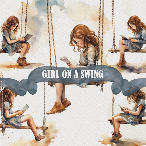 5 Girl on a Swing Clipart Reading Girl Clipart Girl Read a Book PNG Watercolor Clipart Child Clipart Happy Childhood Art Studying Art