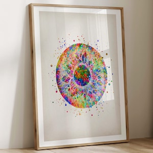 May include: A framed art print featuring a colorful, abstract depiction of an eye iris. The artwork showcases a vibrant array of colors, including red, yellow, green, and blue, with a detailed, radial pattern. The print is encased in a light brown wooden frame.