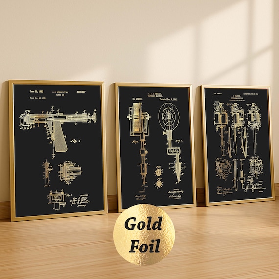 3 Tattoo Machine Patent Prints Tattooing Blueprint Tattoo Gun Print Tattoo Salon Wall Decor Tattoo Artist Gift Gold Foil Print