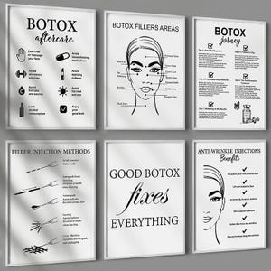 Op de afbeelding: Een set van acht zwart-witte printbare posters met informatie over Botox-injecties. De posters bevatten informatie over Botox-nazorg, injectiemethoden voor fillers, Botox-vullingsgebieden, de Botox-reis en de voordelen van anti-rimpel injecties. De posters tonen illustraties van een gezicht met verschillende gebieden die zijn gemarkeerd voor Botox-injecties, evenals illustraties van naalden en spuiten.