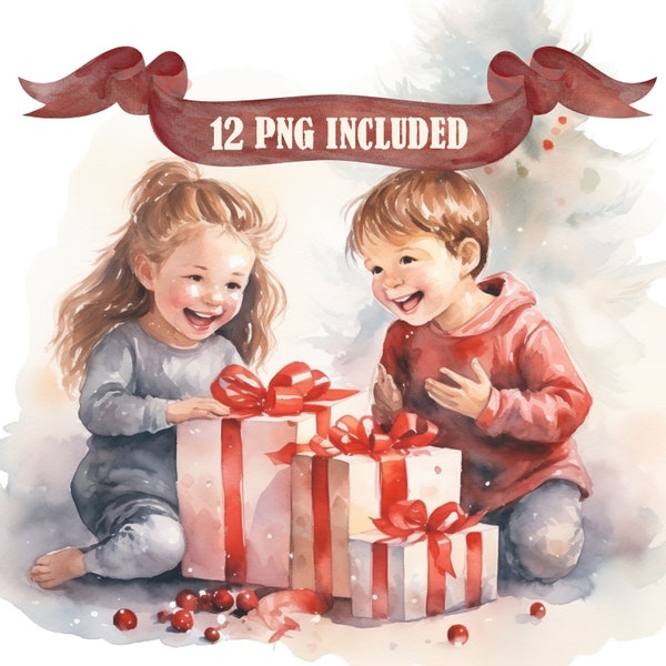 12 Christmas Gifts Cliparts Happy Children Clipart Opening Christmas Presents Winter Scenery Designs Crafting Scrapbooking Sublimation