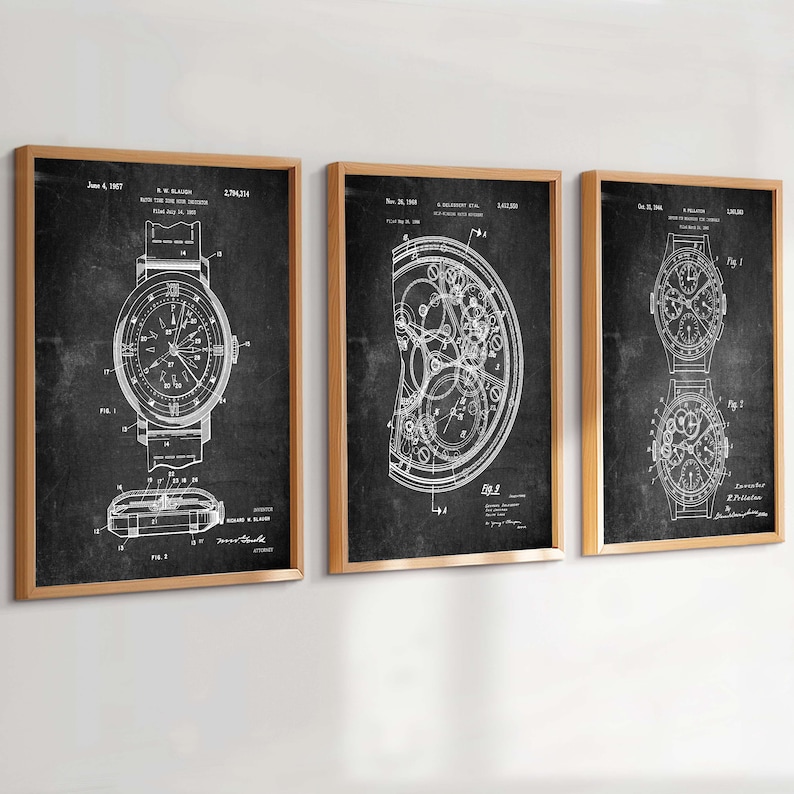 May include: Three framed wall art prints featuring white technical patent drawings of wristwatches on a black chalkboard-style background. Each print displays detailed mechanical diagrams, technical labels, and patent dates in a vertical orientation.